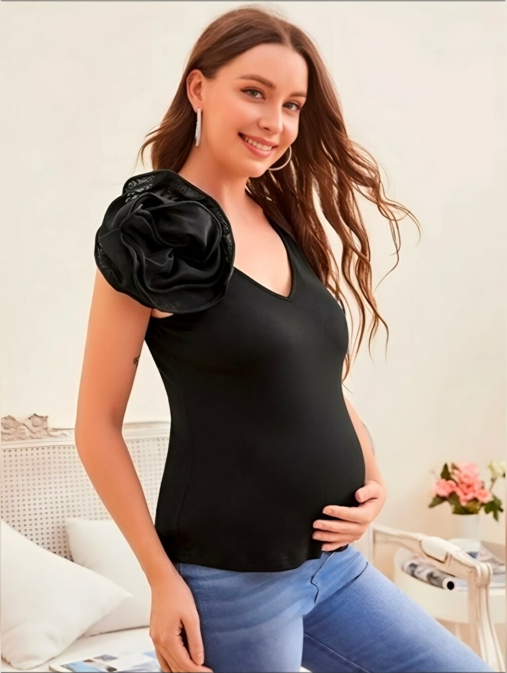 SHEIN Maternity Black Chiffon Floral Applique Rosette V Neck Tank Top Sz M NWT